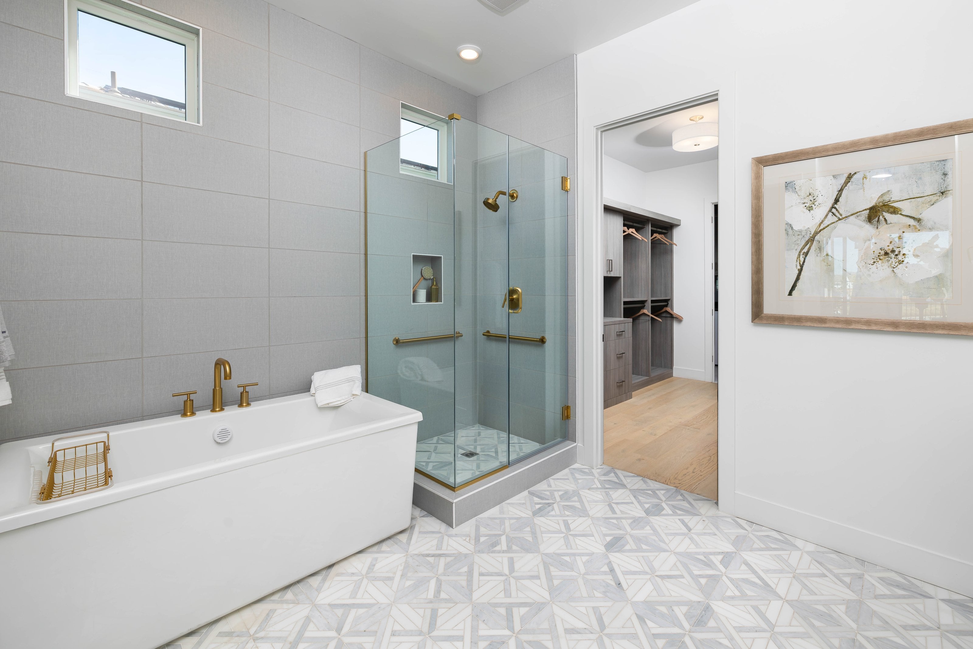 Premium mitered corner shower enclosure with gold hardware